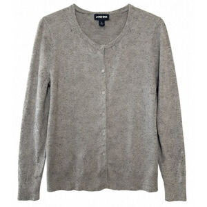 Lands End Women’s Large Gray Speckled Cardigan Button Front Cotton Blend Sweater